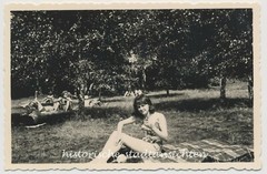 Young woman sunbathing lake – GDR stamped Löbau – old photo 1950s 1960s