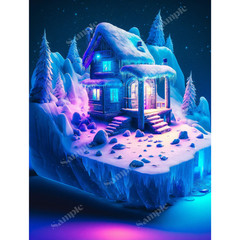 3D Winter Cabin Snowy Night Wallpaper, Fantasy Cottage Neon Blue Pink 4K