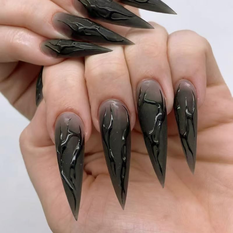 Press on Nails Extremely Long, Stiletto Halloween Black 3D Aura Cool Y2K Gothic…