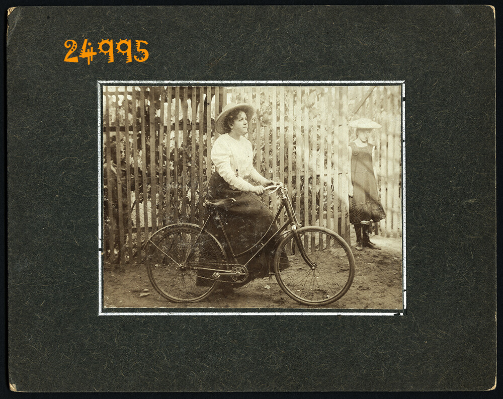 Larger size mounted Vintage Photograph, pretty woman w bike, 1900′