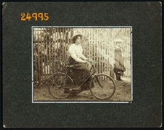 Larger size mounted Vintage Photograph, pretty woman w bike, 1900′