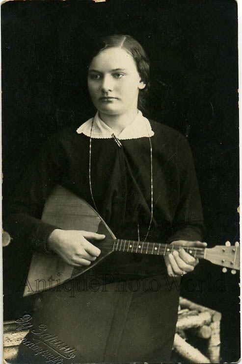Young woman w balalaika antique music photo Russia