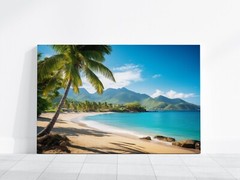 Tropical Beach Painting, Beach Paradise Art Palm Trees Mountain Landscape Island