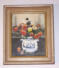Wallace Nutting Miniature Hand Colored Photo Floral Bouquet Blue & White Pot