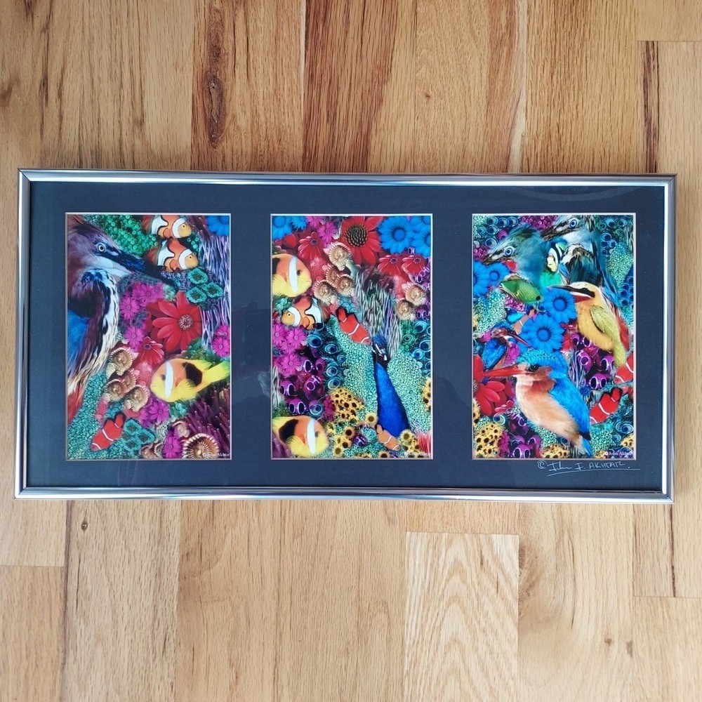 John Akhtar Signed Art Photography Triptych – Birds, Flowers, and Tropical Fish