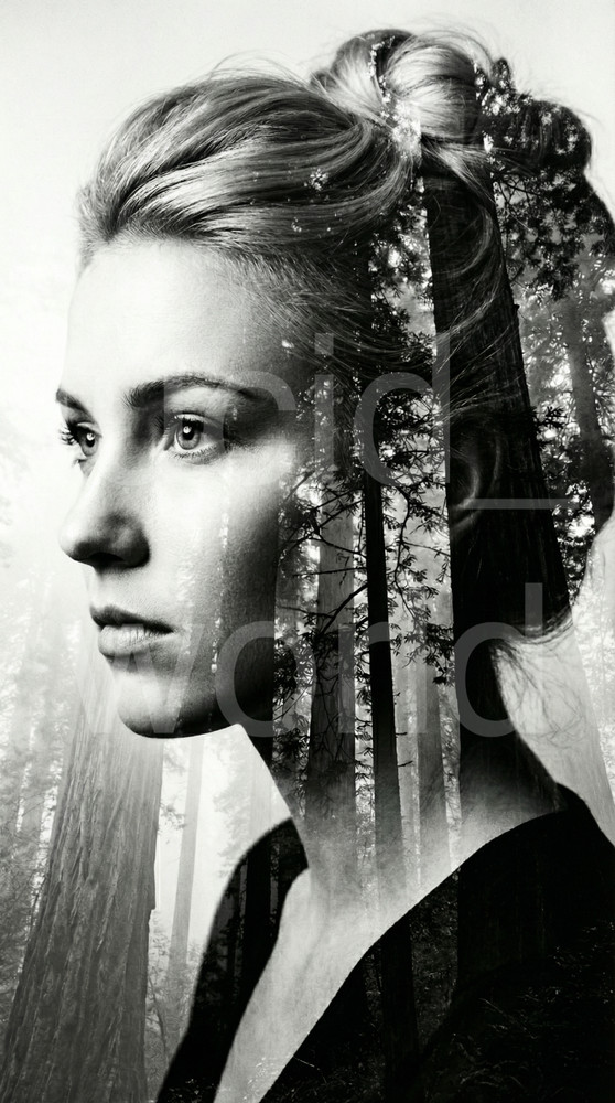 Woman with Updo in Misty Forest Double Exposure Digital Download Printable Art