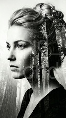 Woman with Updo in Misty Forest Double Exposure Digital Download Printable Art