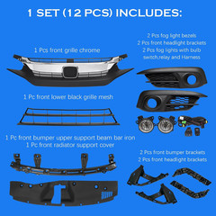 Front Bumper Cover Kit Compatible with 2016 2017 2018 Honda Civic Sedan, with Up