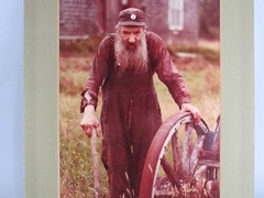 Matted Color Photograph Hillbilly Farmer Old Man With Wagon Wheel