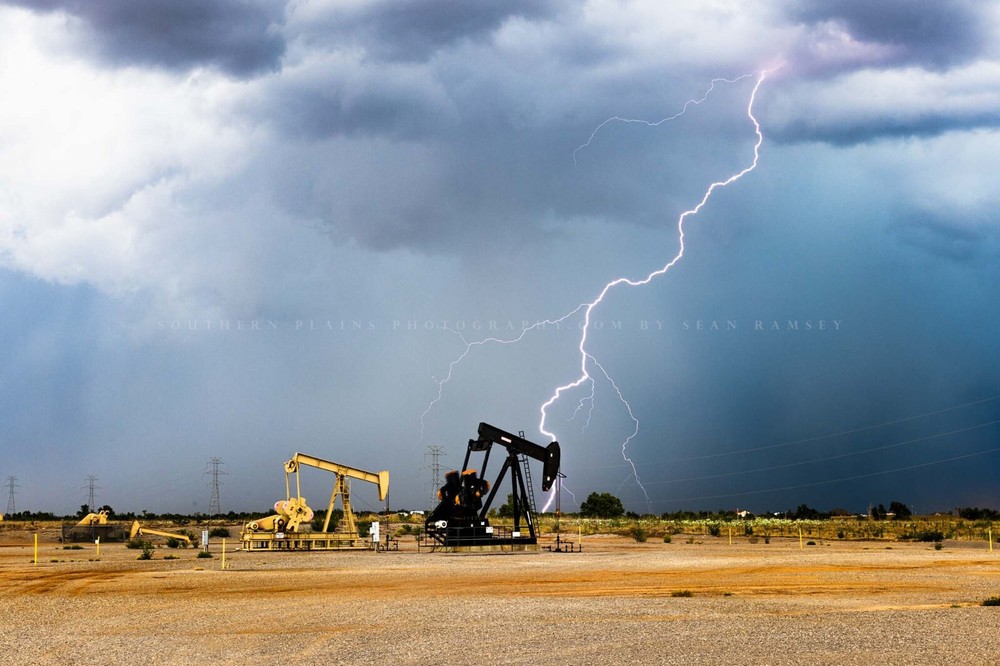 Storm Photography Print – Picture of Lightning Bolt and Pump Jacks in Oklahoma