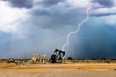 Storm Photography Print – Picture of Lightning Bolt and Pump Jacks in Oklahoma