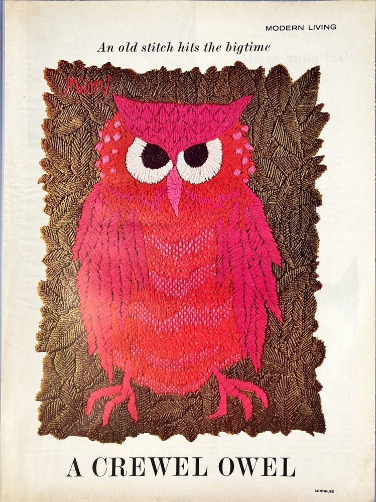 A Crewel Stitched Owel Print/Picture from LIFE Magazine March 15, 1963