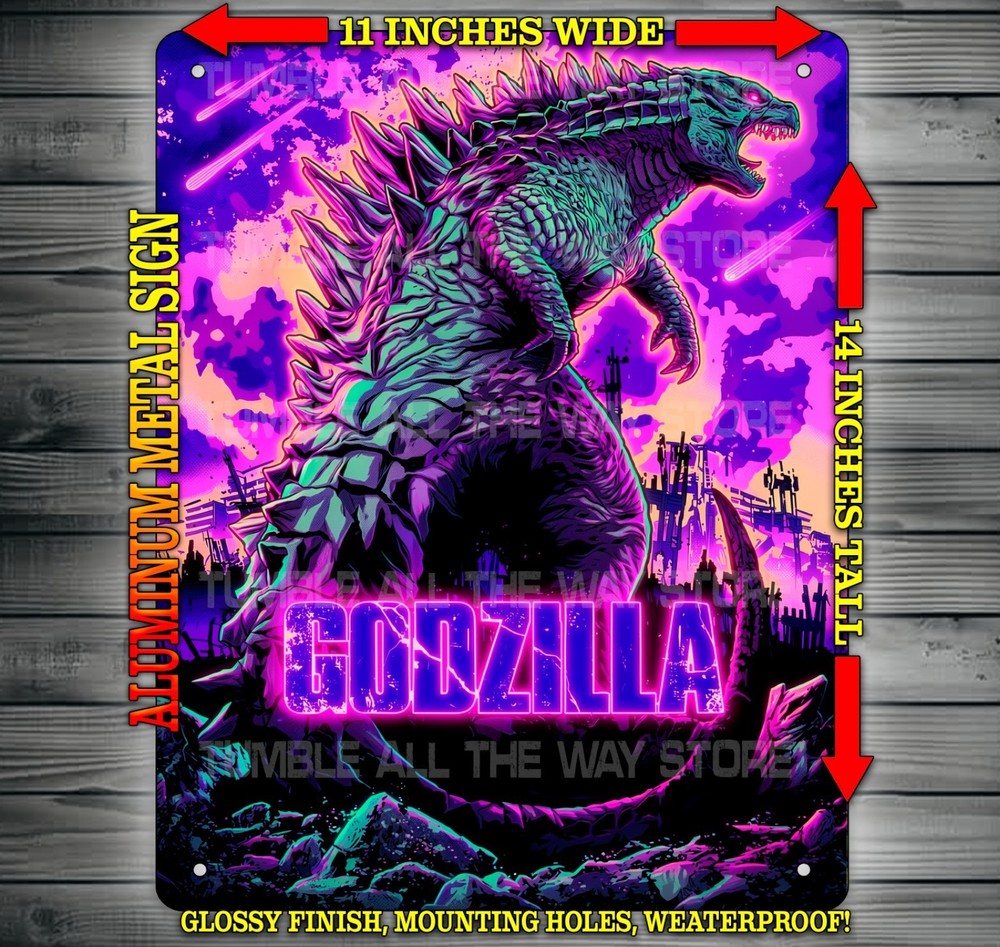 Godzilla Destroying City Kaiju Synthwave Metal Sign Wall Art 11″ x 14″