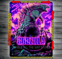 Godzilla Destroying City Kaiju Synthwave Metal Sign Wall Art 11″ x 14″