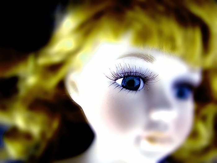 Surreal Photograph Art of Blonde Doll with Blue Eyes, Pop Art, Barbie Face Close