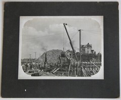 Vtg c. 1890s Wood Block Setting Working Crane Construction Crew Workers