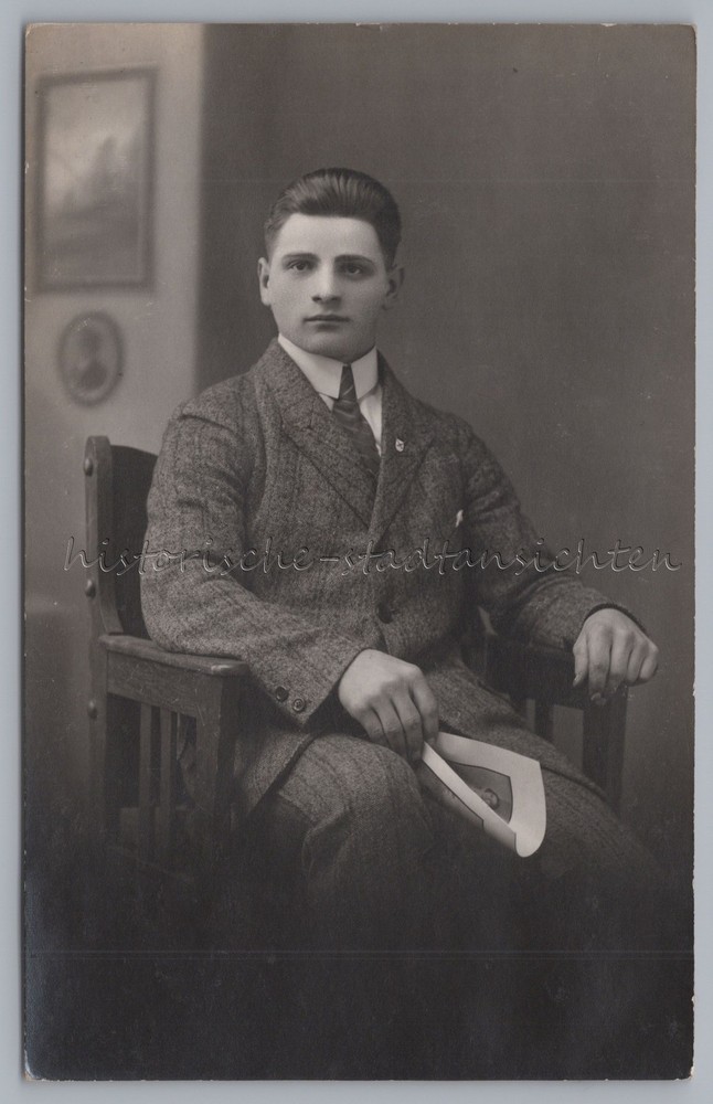 Portrait Young Man with Woman Portrait in Hand – Old Photo 1920s