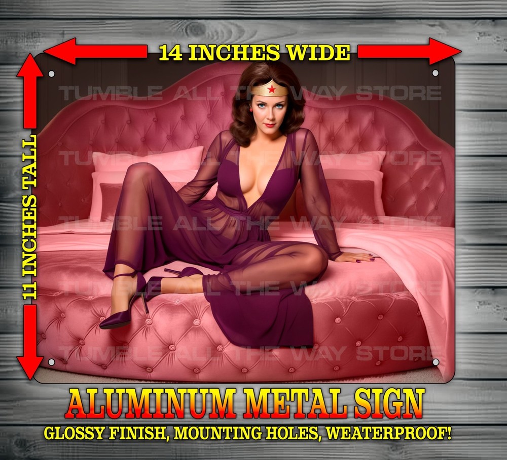 Sexy Lynda Carter Wonder Woman in Purple Nightgown Metal Sign Wall Art 14″ x 11″