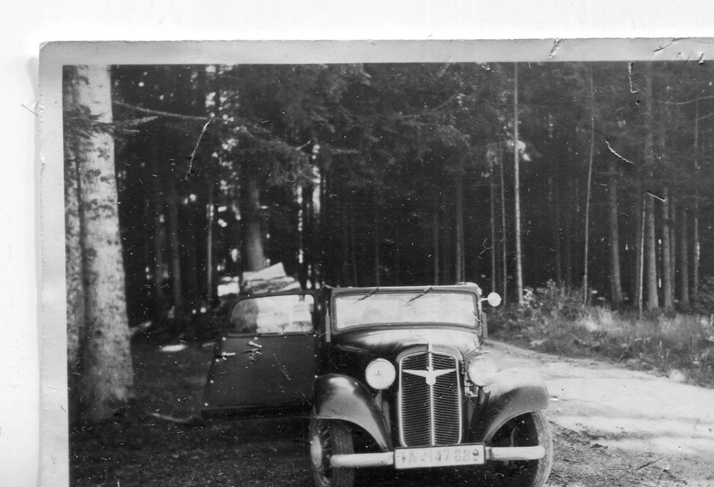 Old photo car with eagle in the forest 1939, 9x6cm
