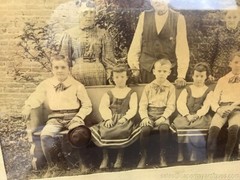 Antique Family Photo Wood Frame Children on Church Bench 3 Adults Brick Building