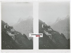 Montagnards, Alpes Switzerland, Stereo Photo Plate Glass, Black & White,