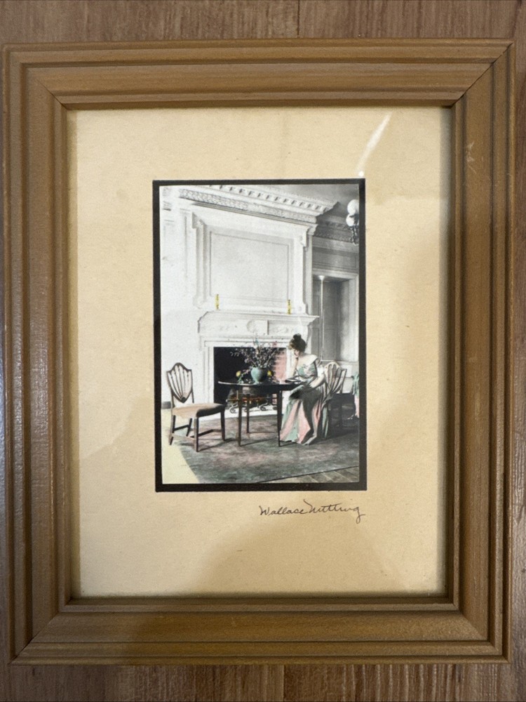 Wallace Nutting Interior Hand Colored Photo Woman Reads Book Near Fireplace