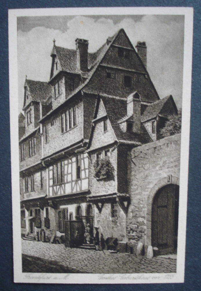 Postcard card: copper intaglio print Frankfurt Goethe’s birthplace before 1755