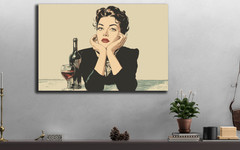 Vintage Woman Pop Art, Red Lipstick Cartoon Girl Poster, Bottle of Wine Lover