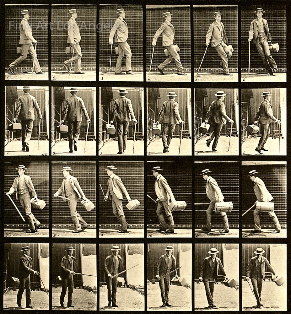 Eadweard Muybridge Photo, Motion Study, «Man with Cane, Hat and Bag» 1880s 11×17