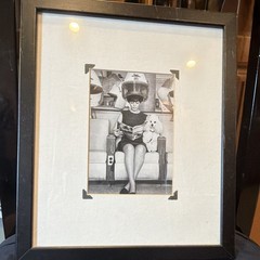 Vintage Black & White Photograph Woman Under Hair Dryer w/ Dog, Framed Matted