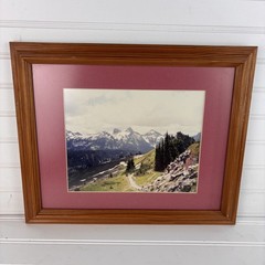 Vintage Framed Landscape Photo Snowy Mountains Forest Hiking Trail Matted Art