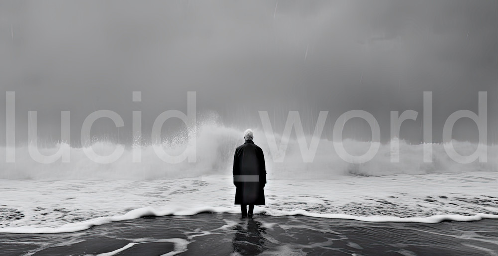Monochrome Ai Digital Art Download Eerie Moody Ocean Man Waves Fine Art Print