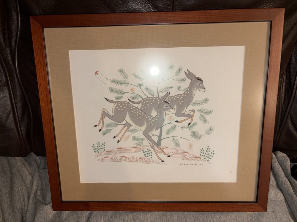 RARE VINTAGE Harrison Begay Silkscreen, Two Does Running Framed 16.5” X 14.5”