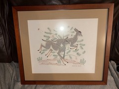 RARE VINTAGE Harrison Begay Silkscreen, Two Does Running Framed 16.5” X 14.5”