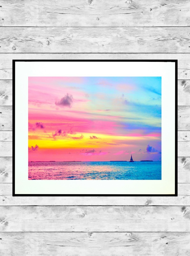 KEY WEST Sunset 11×14″ Matted Art Photo Photograph Sailing Colorful Boat Rainbow