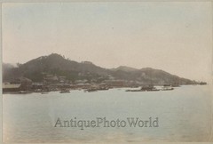 Japan coastline view town ships boats antique hand tinted albumen photo