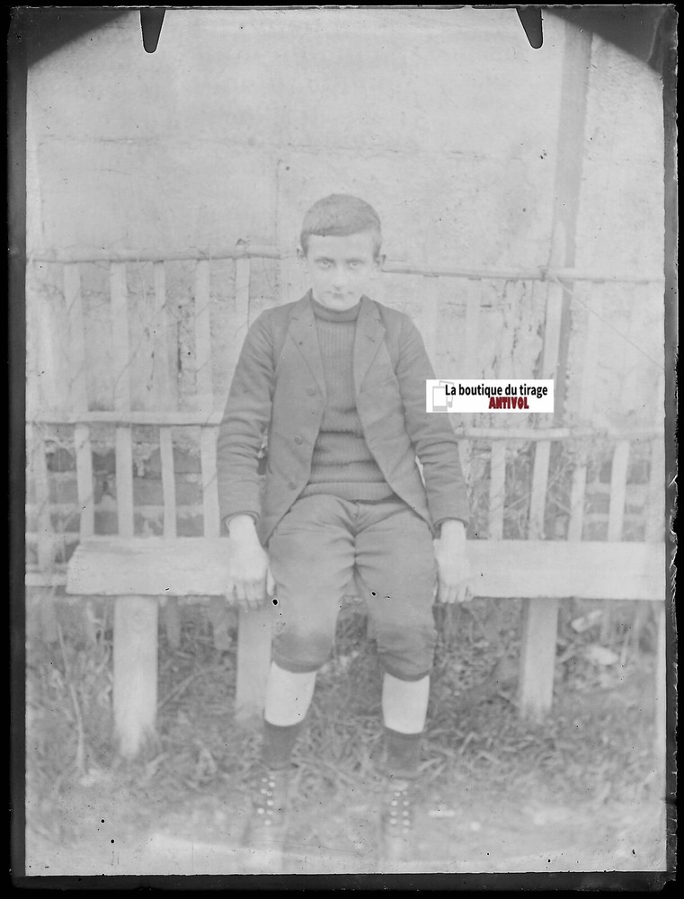 Boy On A Bench, Glass Plate Old Photo, Black & White NEGATIVE 9X12 CM