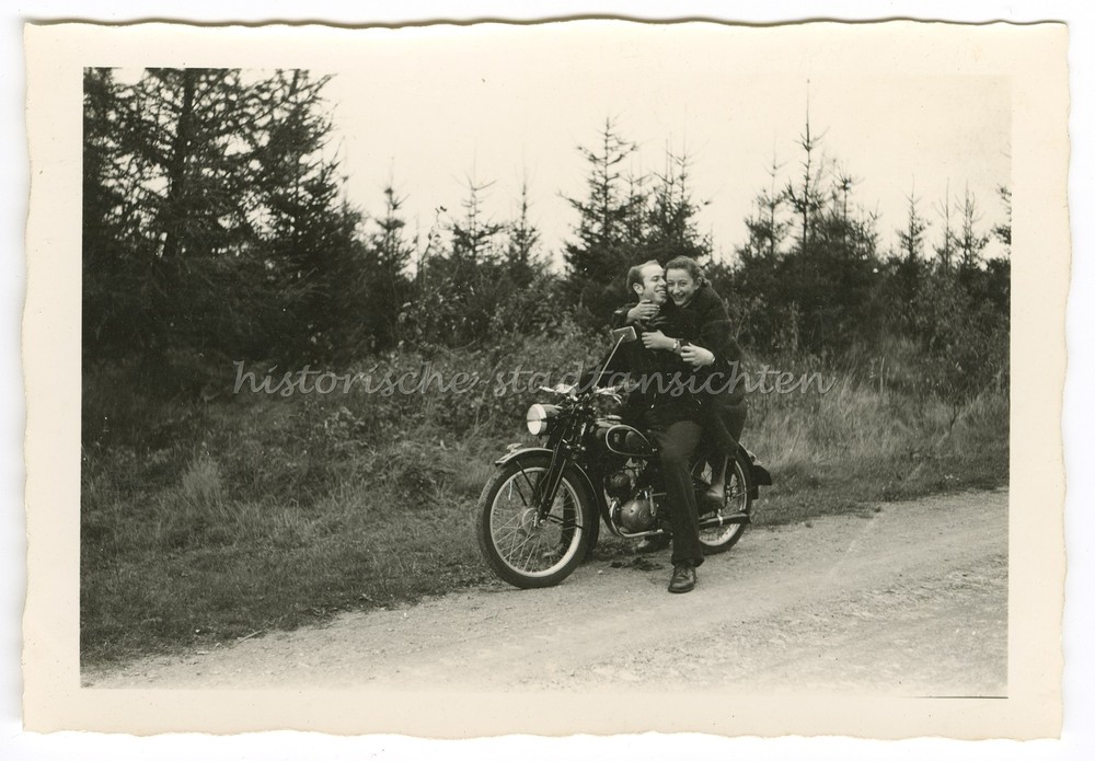 Woman and Man on Motorcycle – Travel Leisure – Vintage Photo 1950s