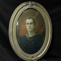 1918 WWI Hand Painted Navy Sailor Photo Oil Oval Bubble Glass Frame USA Flag