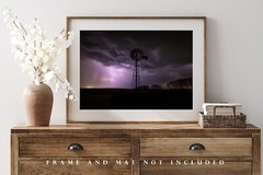 Storm Photography Print | Windmill and Lightning Picture | Oklahoma Wall Art