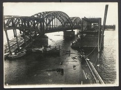 5 photographs view of Riga, blown up railway bridge with new bridge