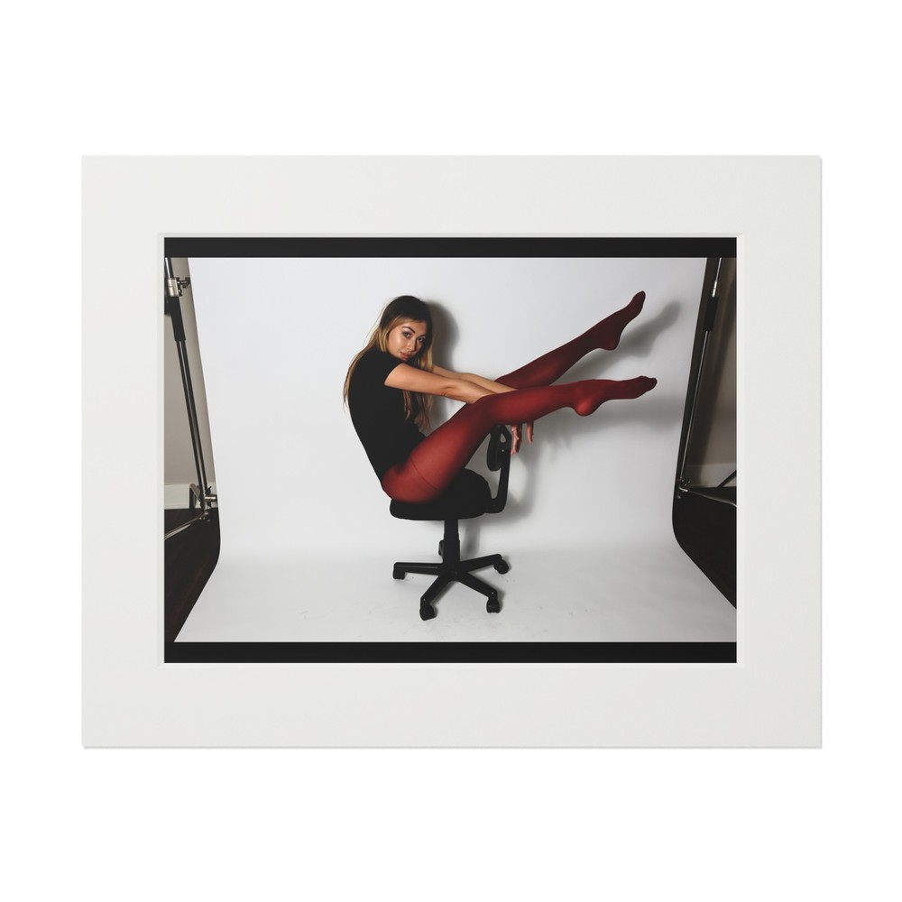 20 x 16 Color Photo Print Model Red Tights Black Leotard Long Legs Office Chair