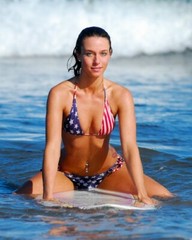 Beautiful Model in a Stars & Stripes Bikini, Waits for a Wave. Free Shipping!