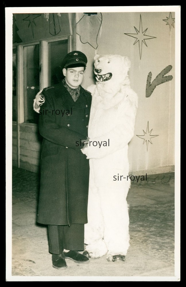 Boy in uniform with man in polar bear costume-Leipzig-photo postcard 9x14cm
