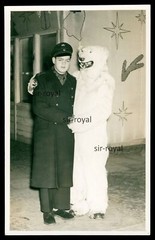 Boy in uniform with man in polar bear costume-Leipzig-photo postcard 9x14cm