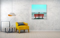 Special Price!!Photograph Solitude on the Beach Red Bench Acrylic Glass 95×95 cm