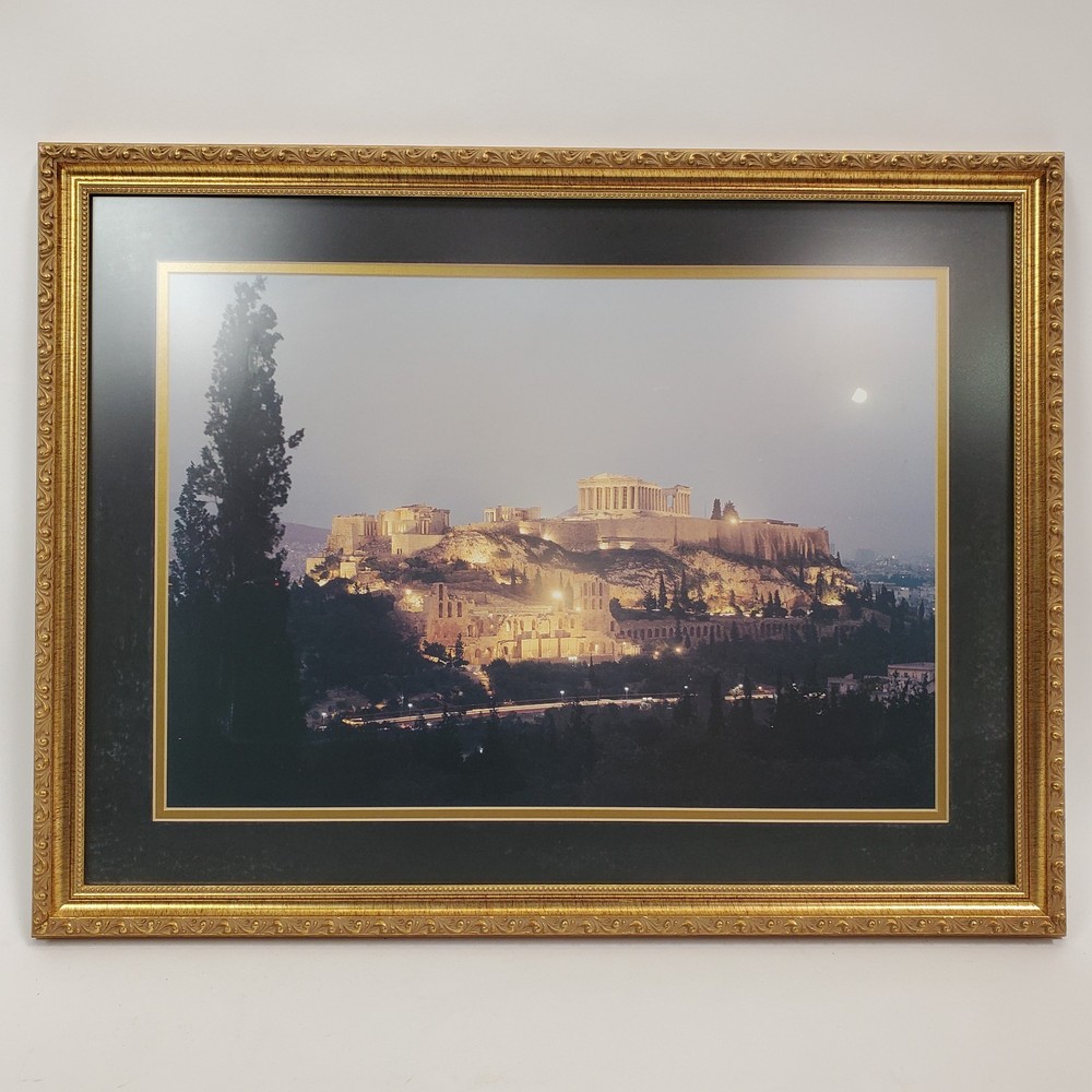 Vintage Athens Greece Acropolis Night Photo Print Framed Wall Art 25.5×19.5