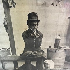 Antique Framed Photograph Black & White on Silk Framed Tramp Mending Coat
