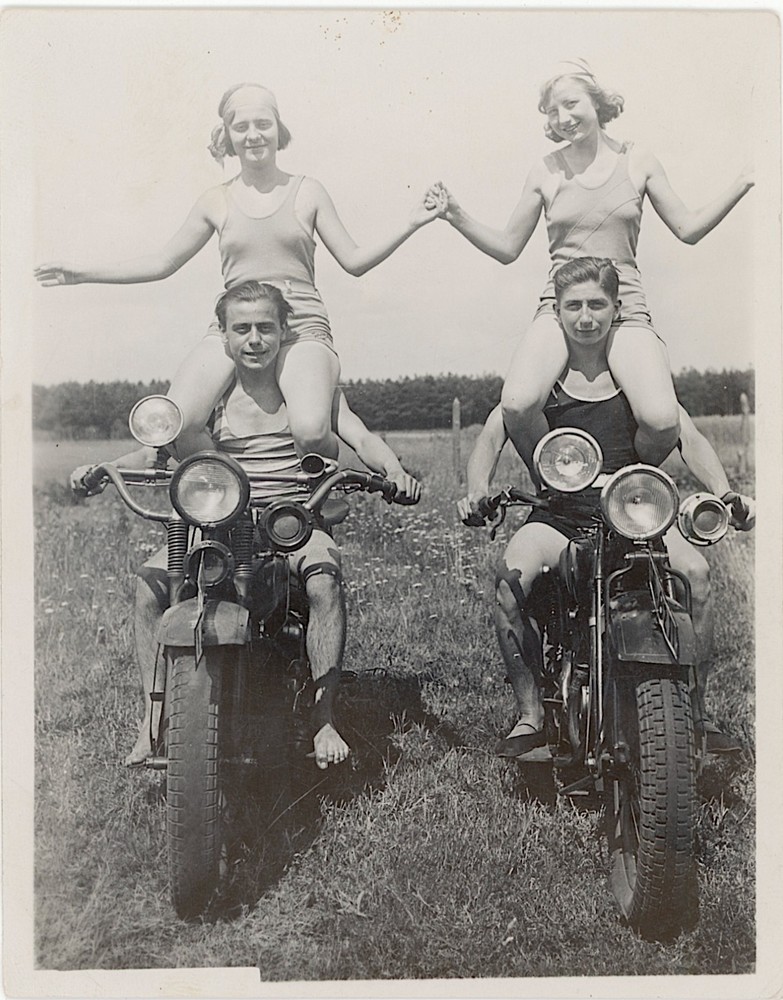 Swimwear Young Pretty Girl Piggyback Motorcycle Rider Berlin Vintage c. 1930
