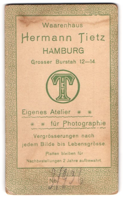 Photograph Hermann Tietz, Hamburg, size Burstah 12-14, company logo Tietz, back